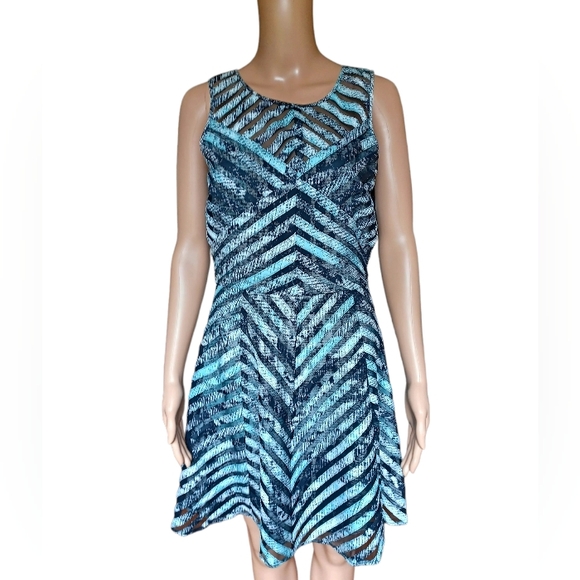 Parker Womens Sleeveless Aline Dress Knee Length Silver Black Geometric Large - Picture 4 of 10